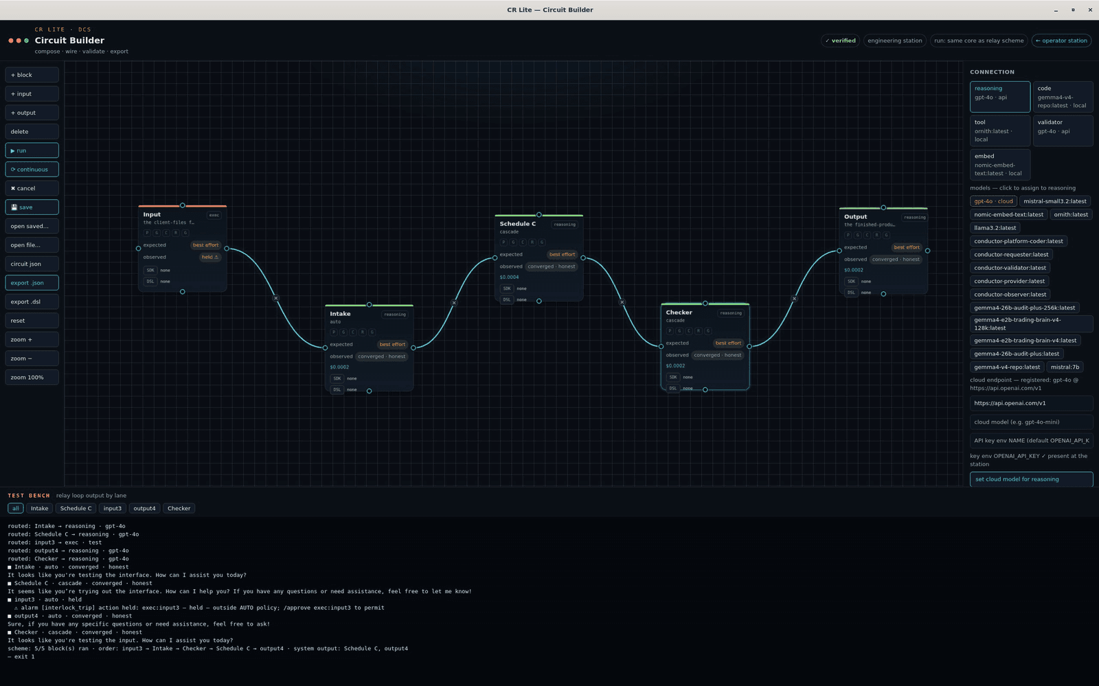 CR Lite workbench showing connected governed blocks